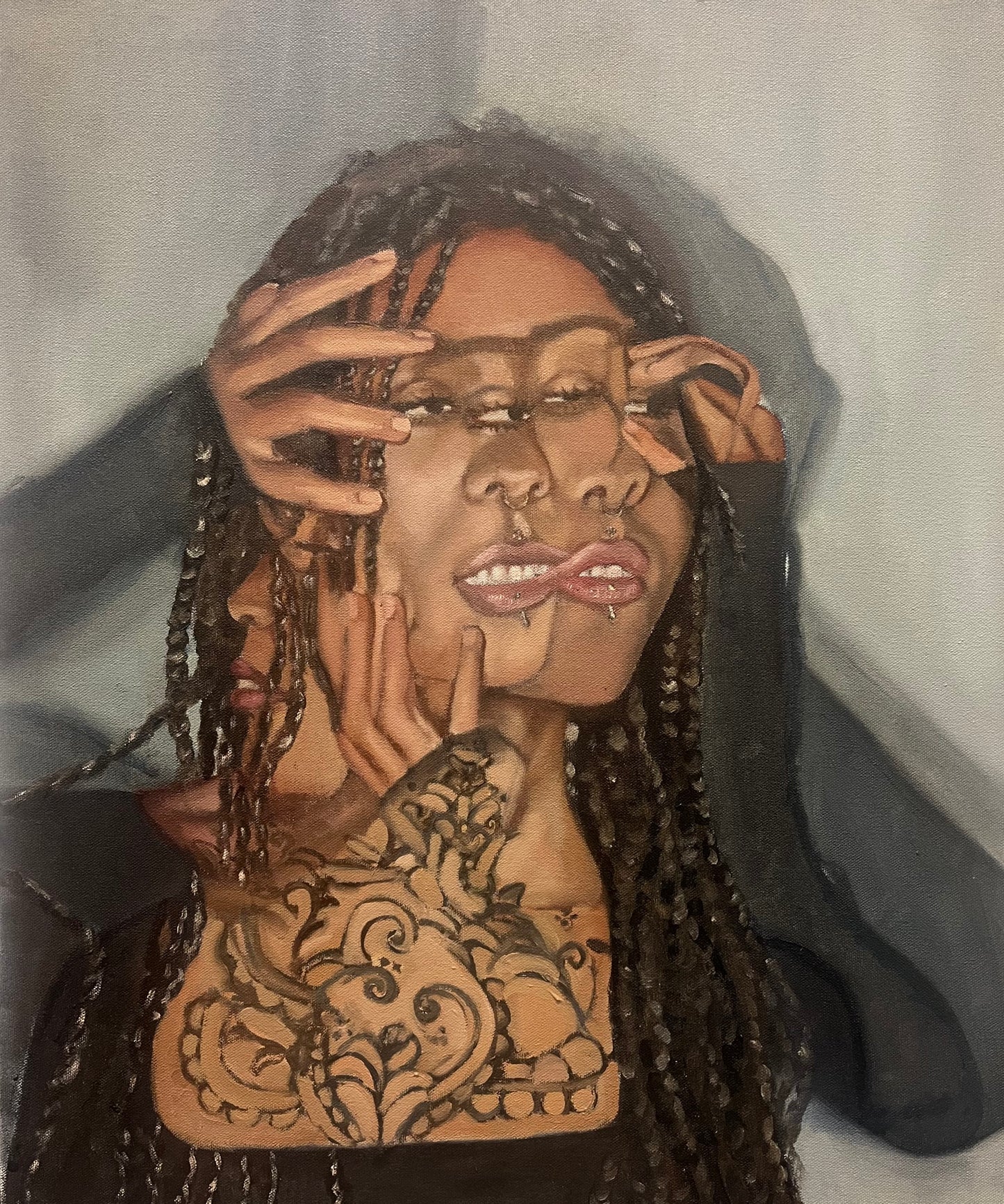 Original portrait painting of a woman with braided hair and tattooed hands, featuring a layered double exposure effect available at HEADS Art Gallery.