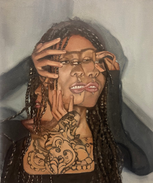 Original portrait painting of a woman with braided hair and tattooed hands, featuring a layered double exposure effect available at HEADS Art Gallery.