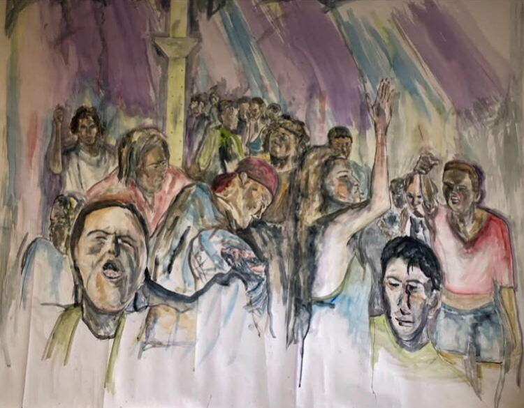 Artistic depiction of a crowd with expressive faces and gestures on a colorful background