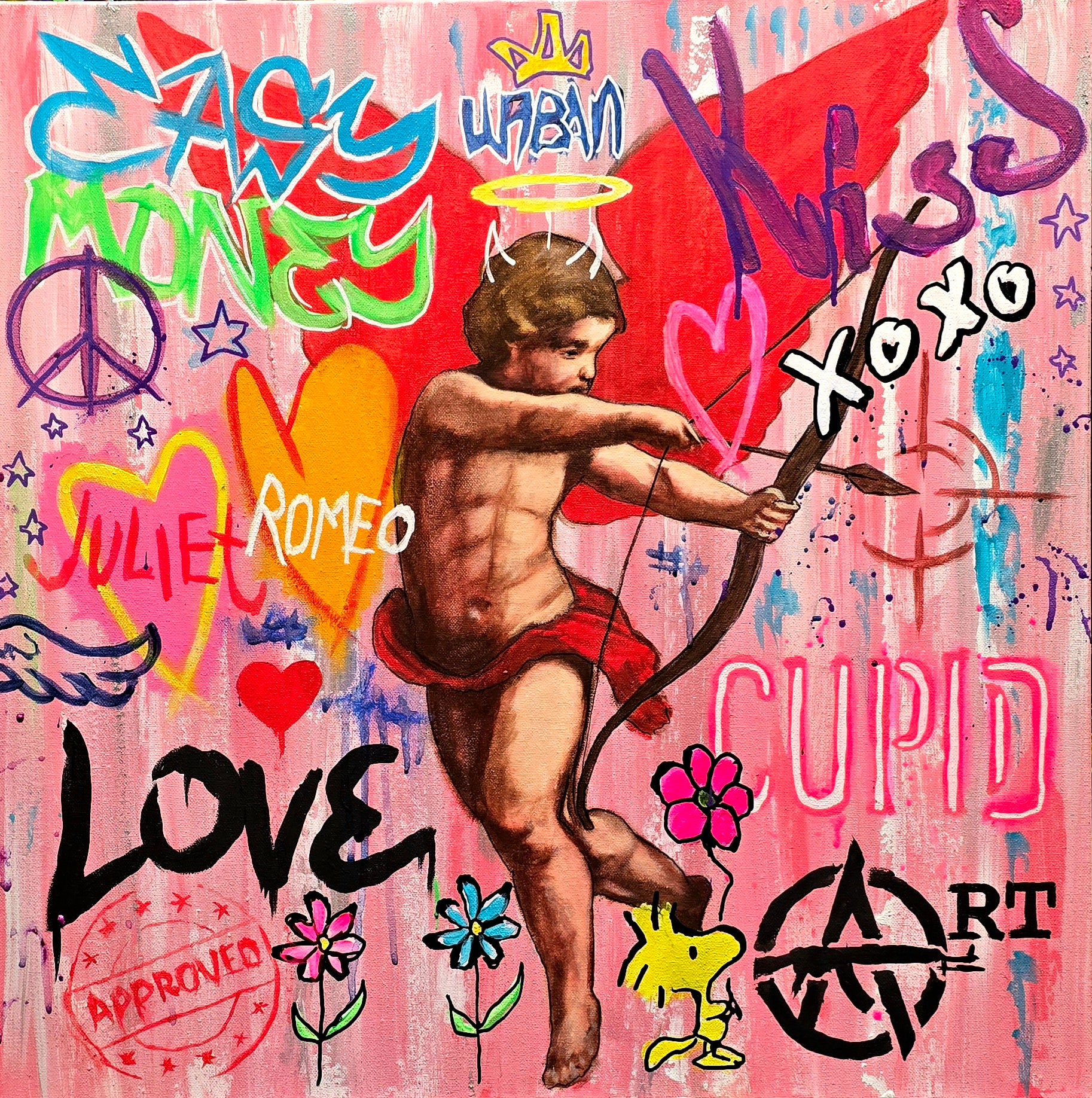 Artistic depiction of Cupid surrounded by colorful text and symbols on a pink background