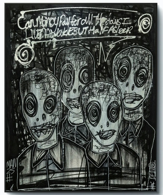 Black and white illustration of four humanoid figures with exaggerated features on a dark background.
