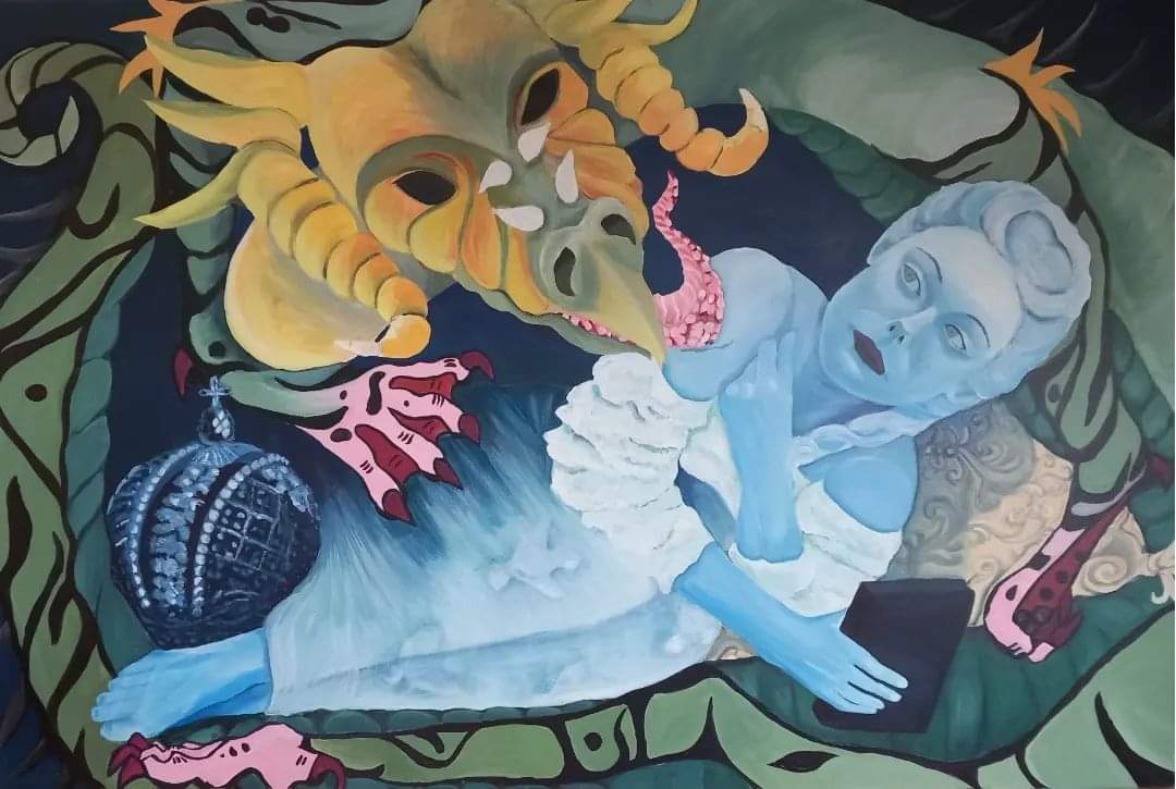 Artistic depiction of a dragon and a blue figure with intricate details and vibrant colors.