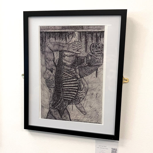 Monochrome ink line drawing version of "The Projector" featuring a figure merged with meat and a camera in a black frame, available at HEADS Art Gallery.