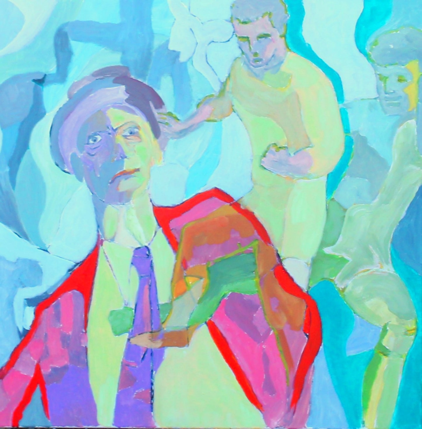 Colorful abstract painting of a figure holding a child against a blue background