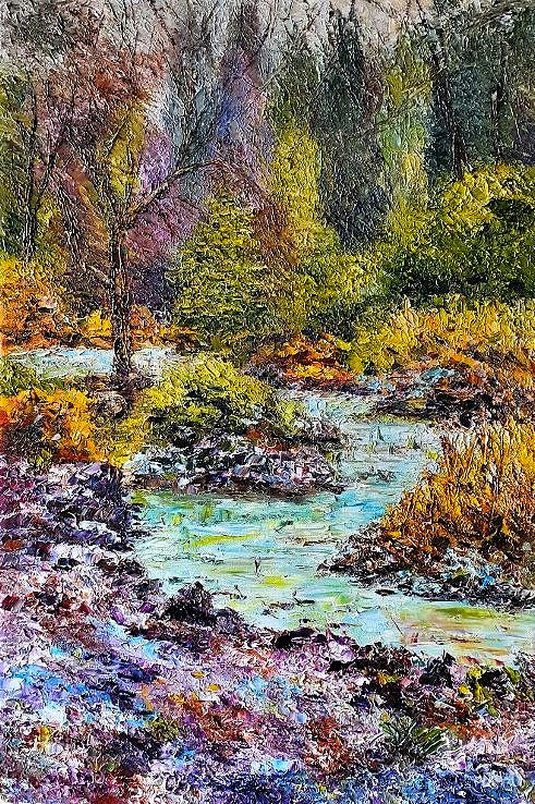 Colorful landscape painting of a stream and trees