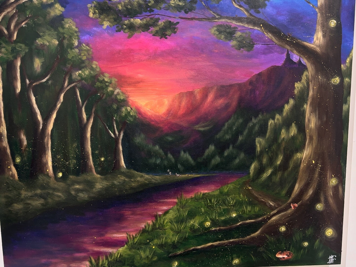 Painting of a forest scene with a glowing pink moon and stream.