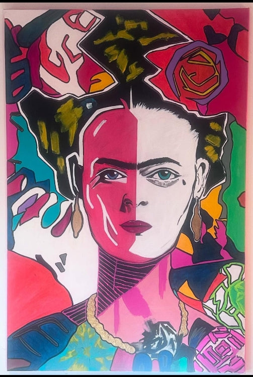 Colorful abstract art piece with a stylized face and geometric shapes