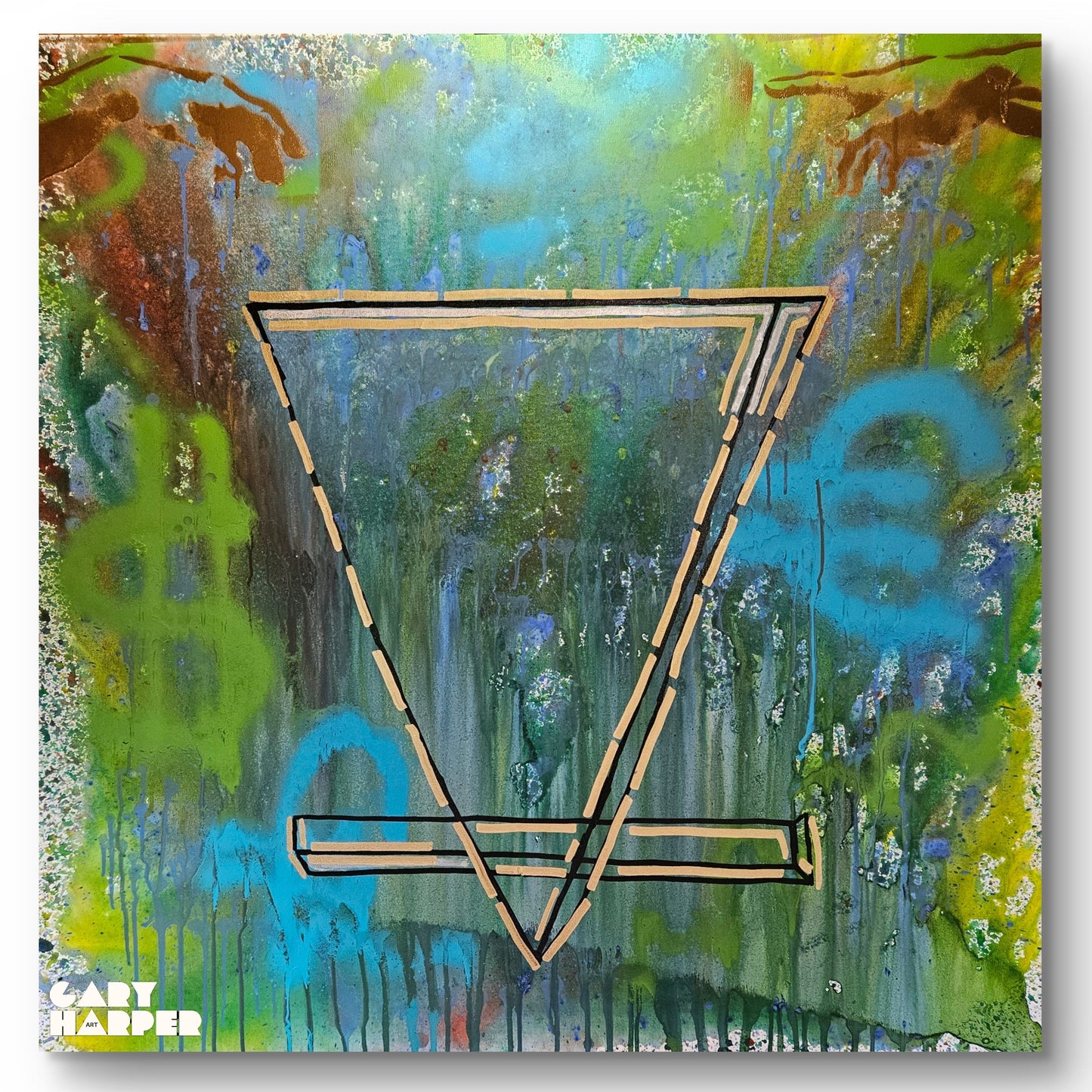 Abstract painting with a geometric triangle design on a colorful background