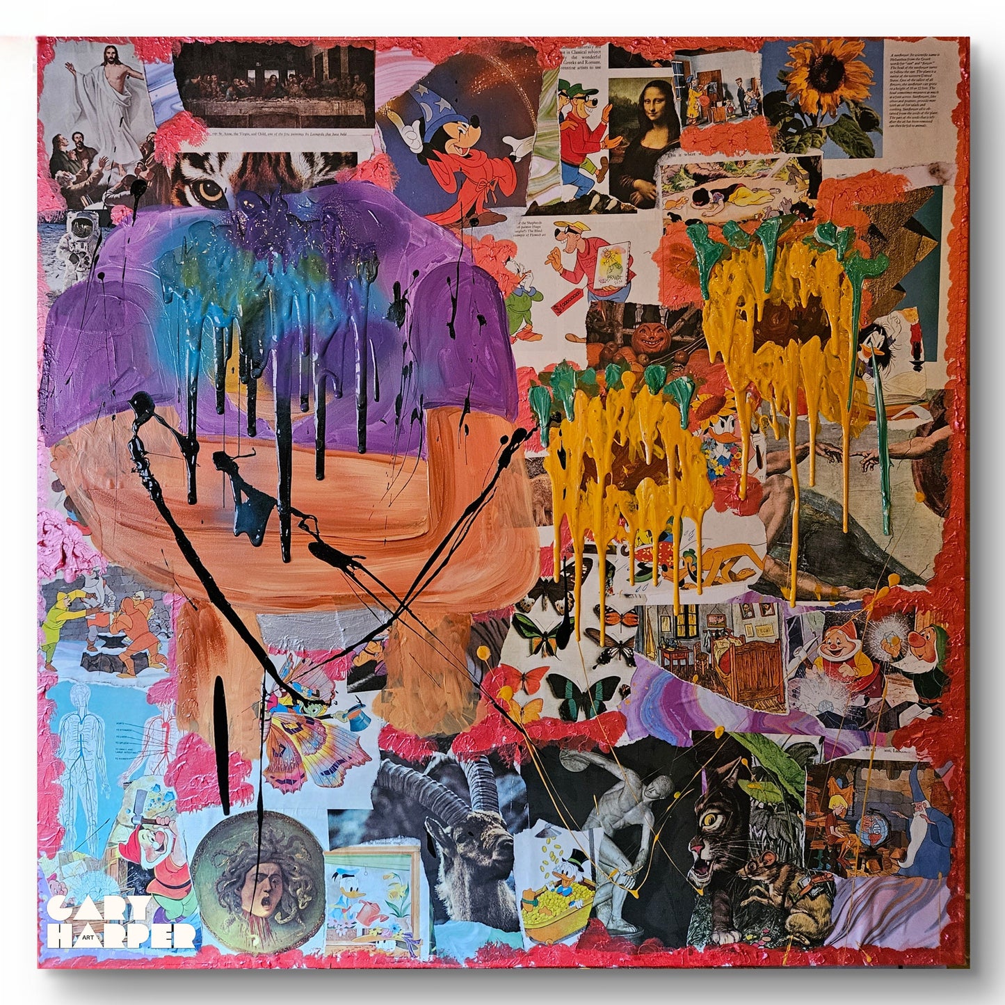 Colorful collage art piece with various elements on a white background