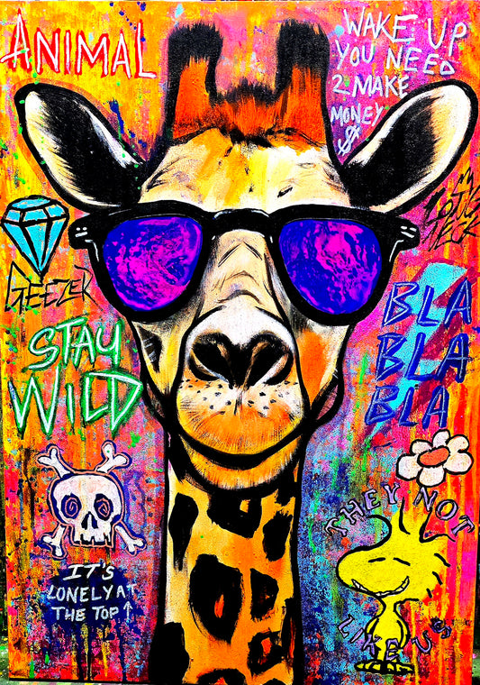Colorful artwork of a giraffe wearing sunglasses with various text and graphics on a multicolored background.