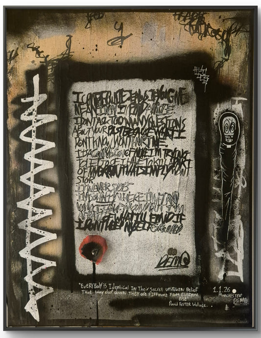 Graffiti-style artwork with text and abstract designs on a textured background