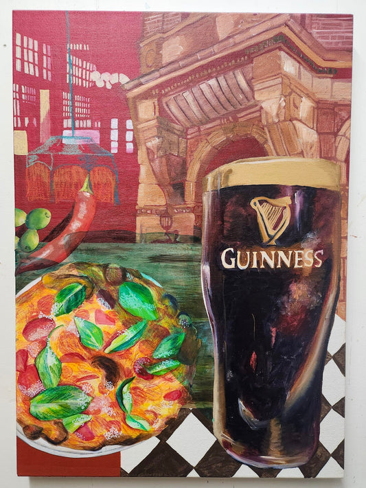 Painting of a pint of Guinness and a pizza on a checkered tablecloth with a cityscape background.