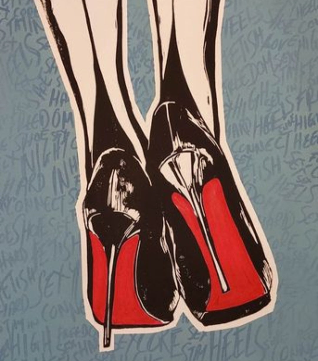 Illustration of high-heeled shoes with red soles on a textured background.