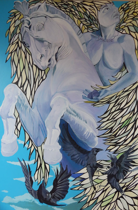 Artistic depiction of a horse and a person with birds, on a blue background