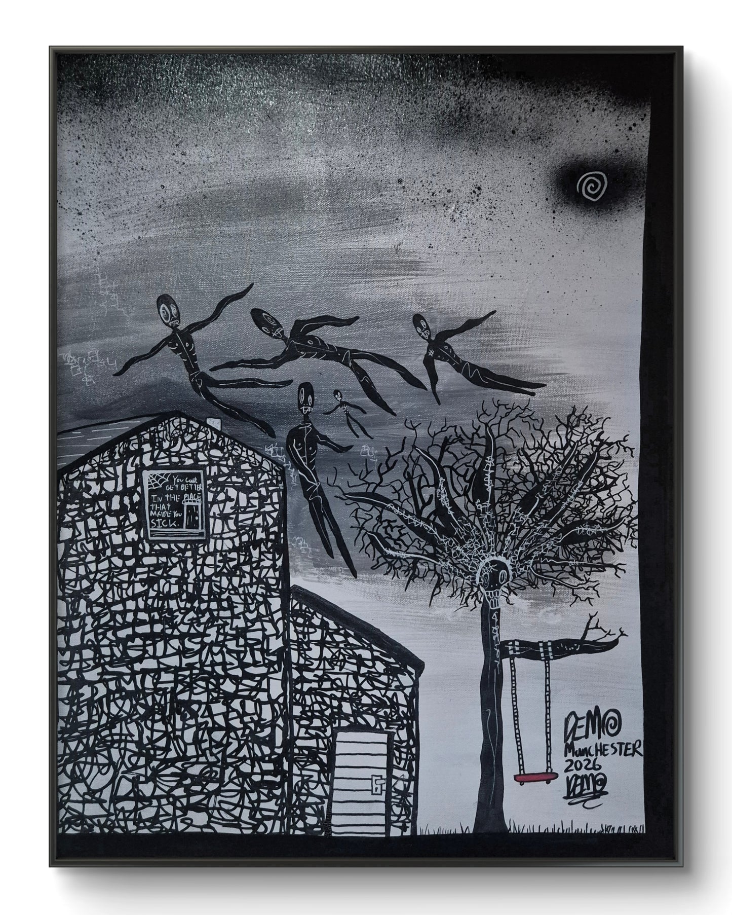 Black and white artwork of a house, tree, and people with a signature in the corner.