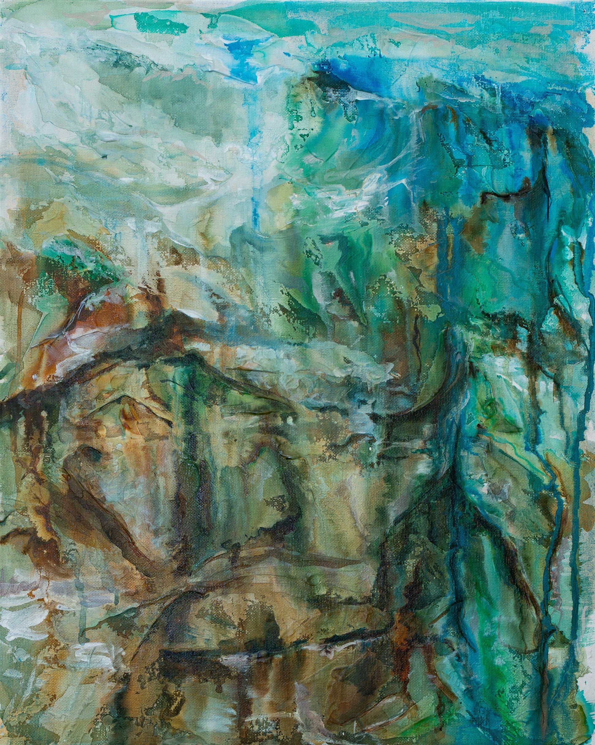 Abstract painting with a mix of blue, green, and brown colors.