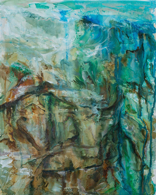 Abstract painting with a mix of blue, green, and brown colors.