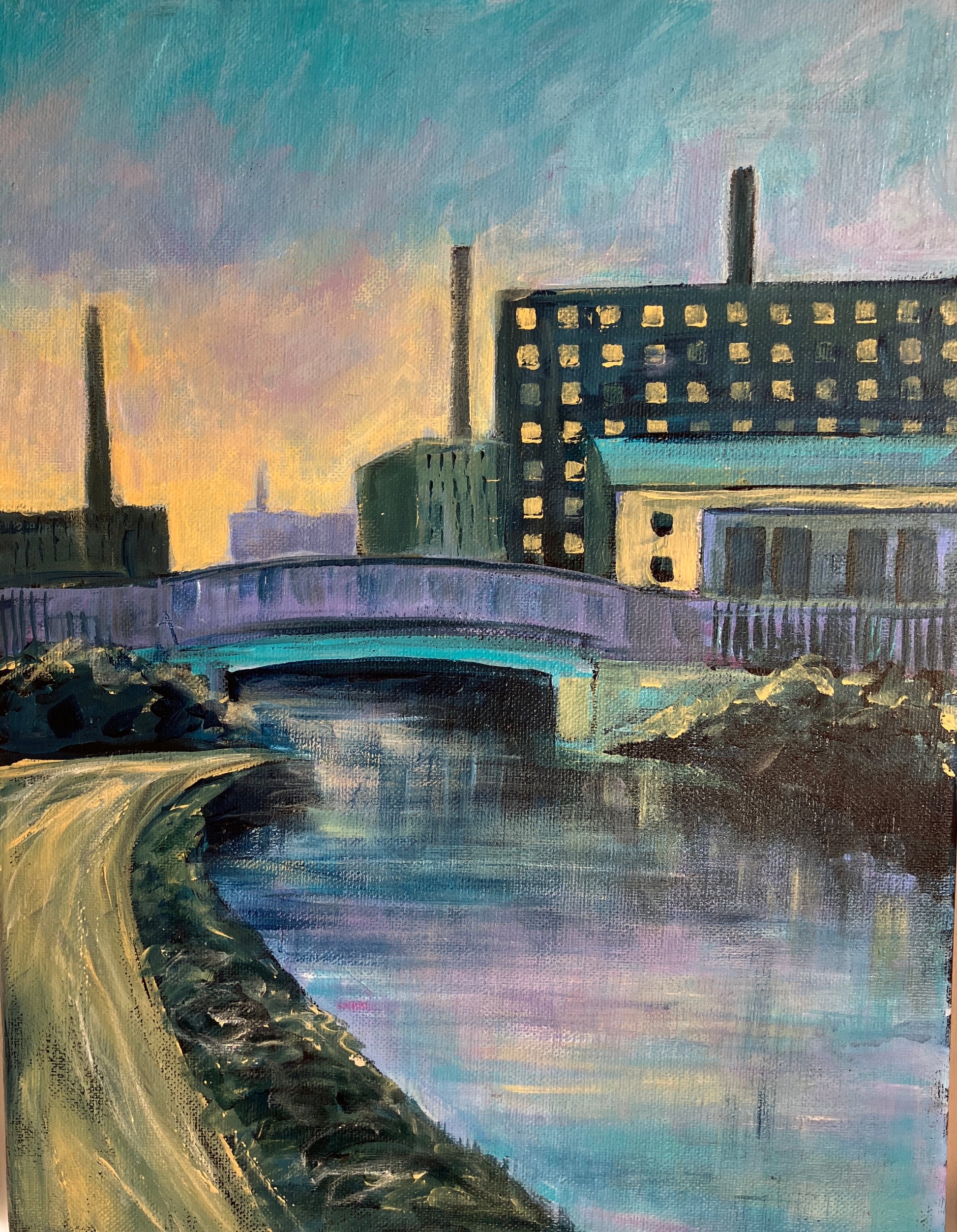 Original industrial cityscape painting of a river and bridge at dusk, with factory buildings, smokestacks, and soft pastel reflections available at HEADS Art Gallery.