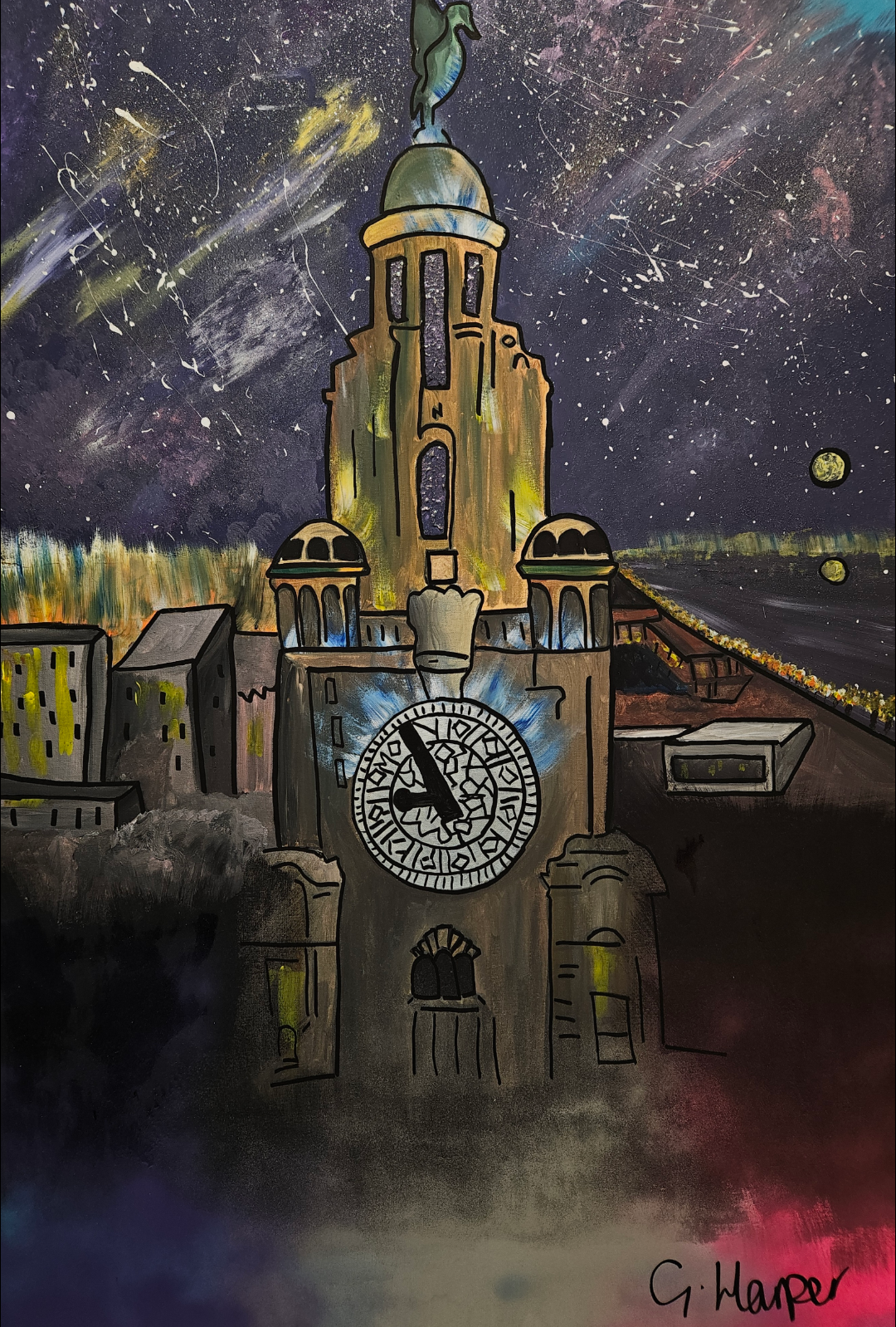 Liverpool royal liver buildings surrealist architectural art set against a galaxy background, signed by G. Harper available at HEADS Art Gallery.