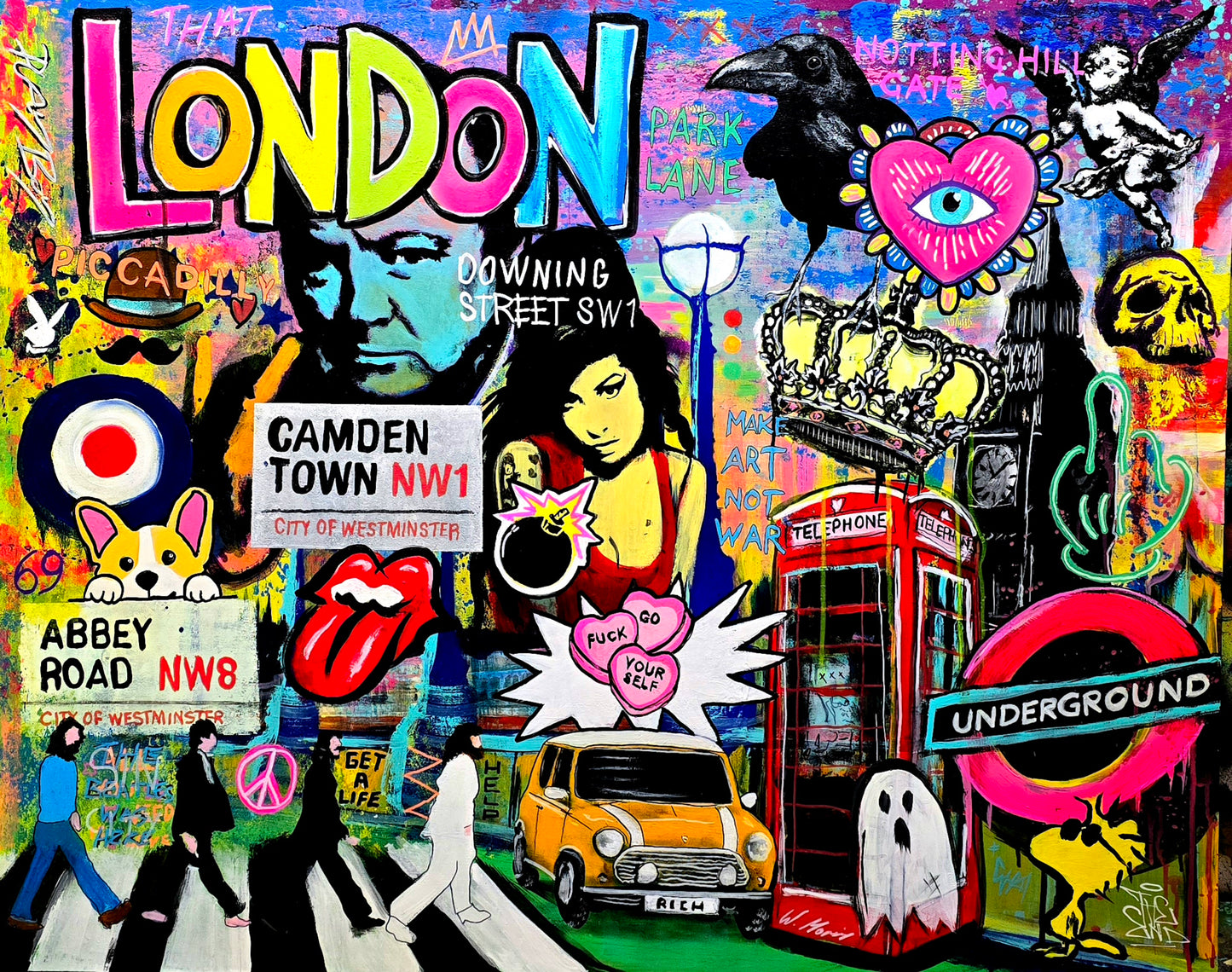 Colorful mural of London with iconic elements and street art style.