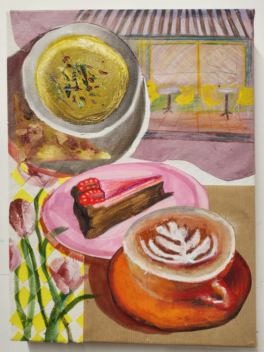 Illustration of a meal with a cup of coffee, dessert, and a plate of food on a table.