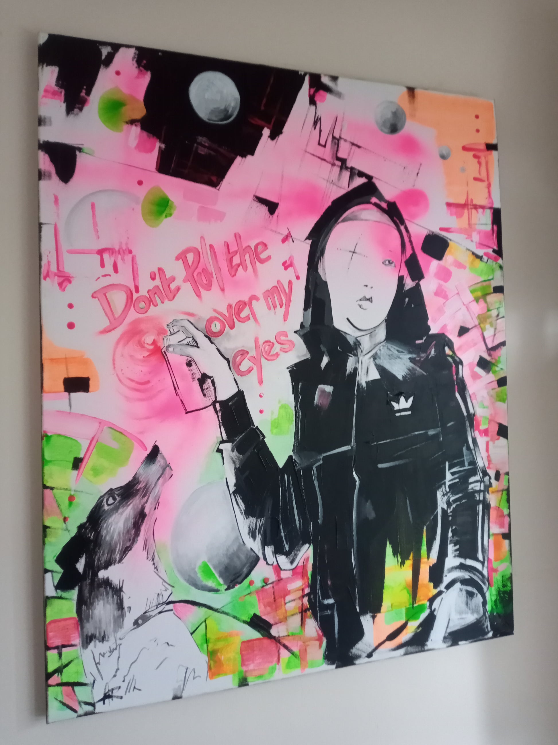 A modern abstract artwork featuring a stylized female figure with text and colorful background.