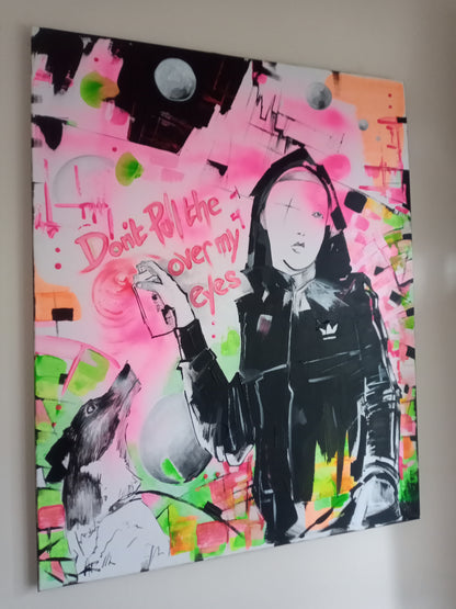 A modern abstract artwork featuring a stylized female figure with text and colorful background.