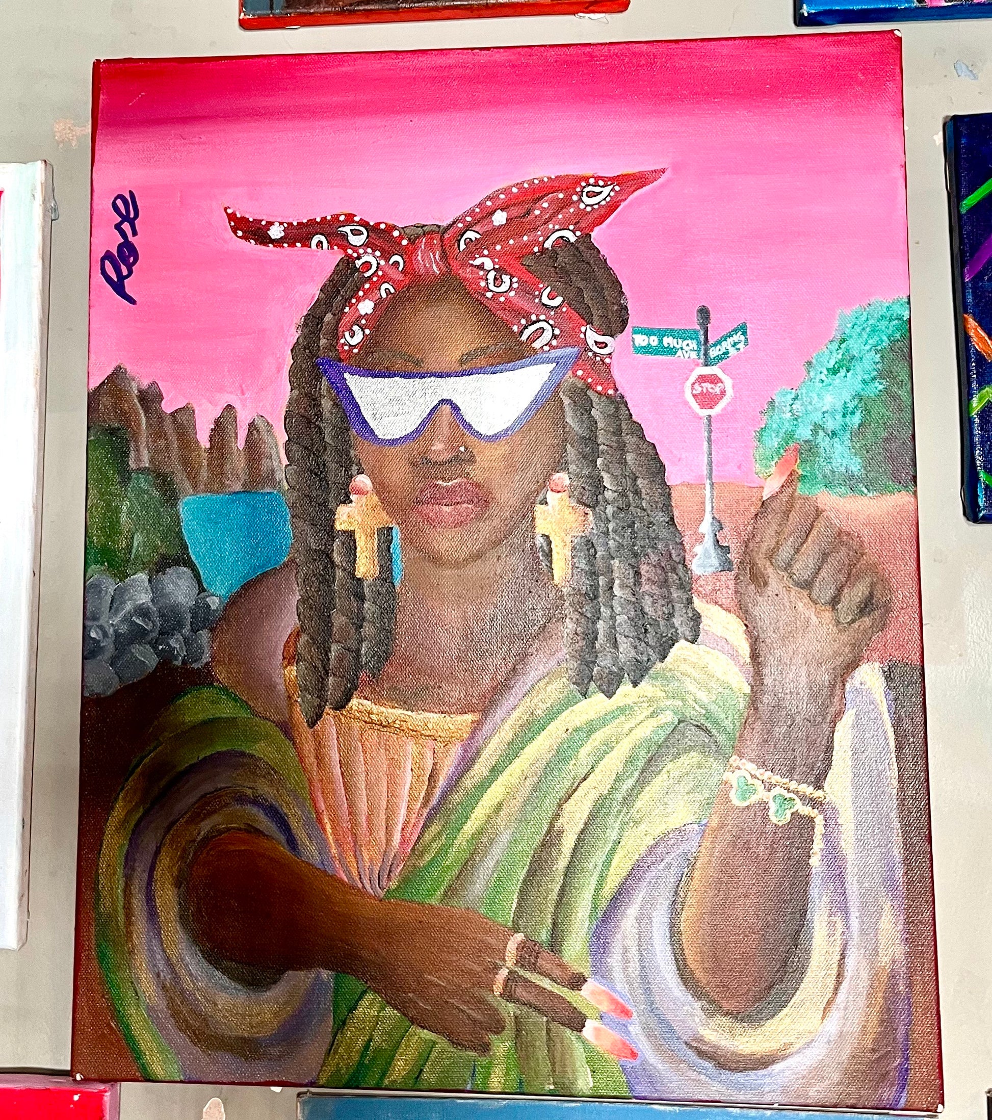 Colorful painting of a woman with a bandana and sunglasses against a pink background