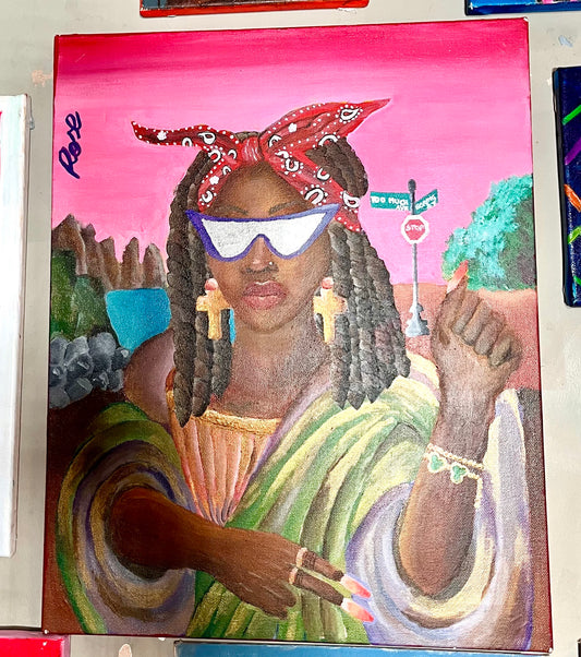 Colorful painting of a woman with a bandana and sunglasses against a pink background