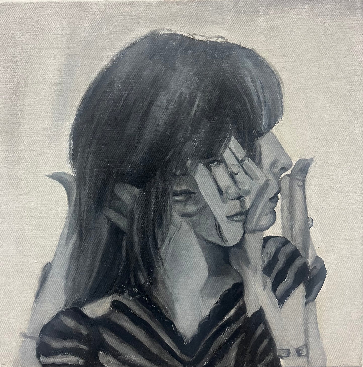 Abstract monochromatic female portrait painting on canvas, exploring themes of identity and movement, available at HEADS Art Gallery.