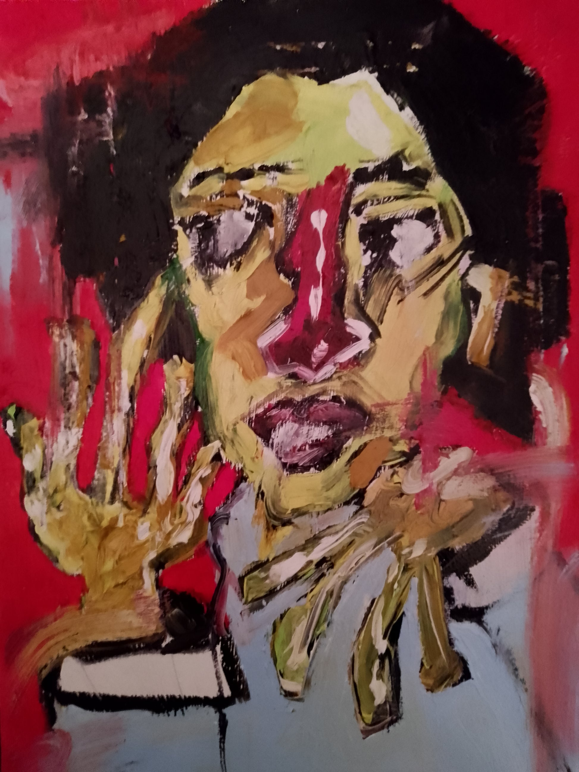 Raw neo-expressionist oil painting of a face with thick impasto brushstrokes and distorted features against a bold red background, available at HEADS Art Gallery.