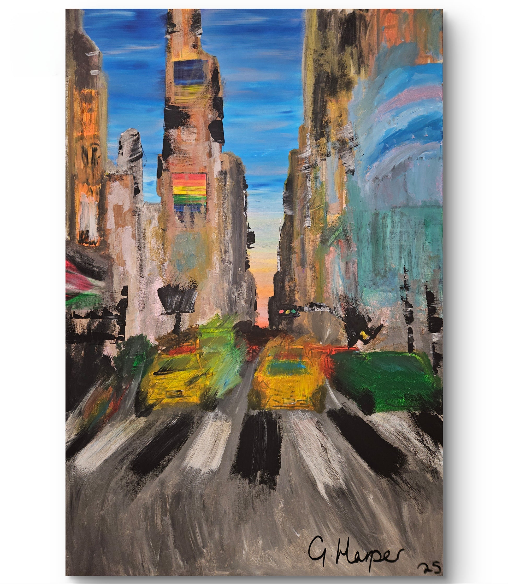 Energetic abstract painting of a New York City street with yellow taxis and tall buildings under a blue sky, available at HEADS Art Gallery.
