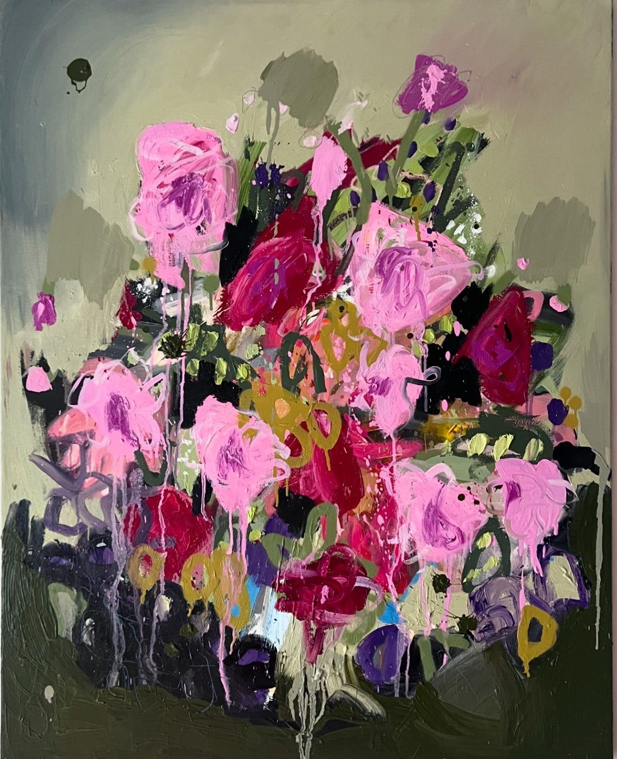 Abstract bouquet of pink and red flowers with thick impasto textures and dripping paint effects, available at HEADS Art Gallery.