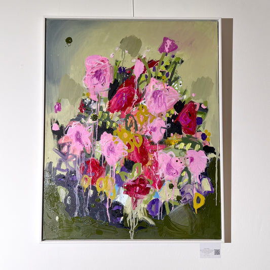 Abstract bouquet of pink and red flowers with thick impasto textures and dripping paint effects, available at HEADS Art Gallery.