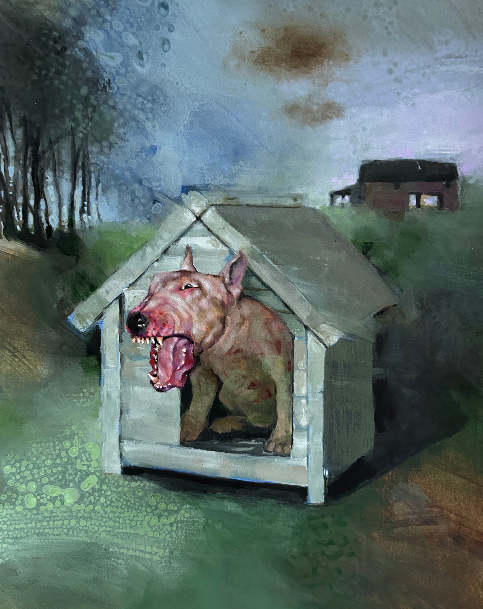 Surrealist painting of a snarling bull terrier dog sitting inside a small wooden kennel in a desolate green field under a stormy sky, available at HEADS Art Gallery.