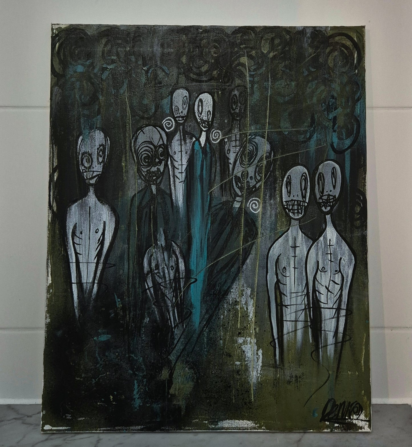 Abstract painting dark and moody featuring several tall, thin ghostly figures with spiral eyes in a dark forest setting, available at HEADS Art Gallery.