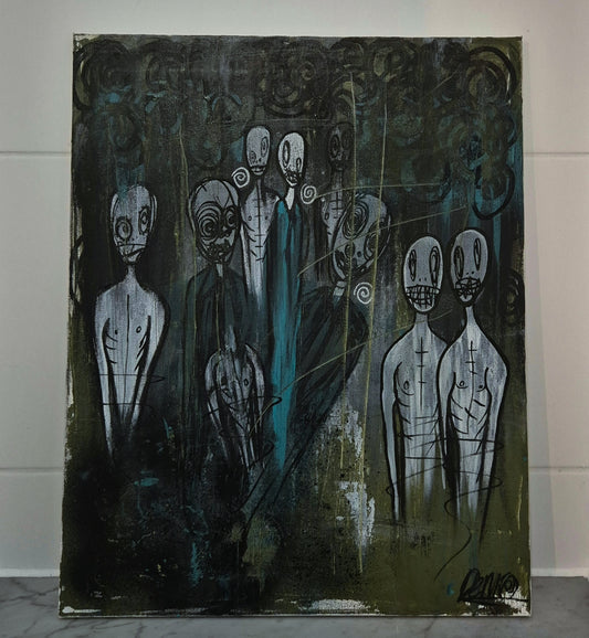 Abstract painting dark and moody featuring several tall, thin ghostly figures with spiral eyes in a dark forest setting, available at HEADS Art Gallery.