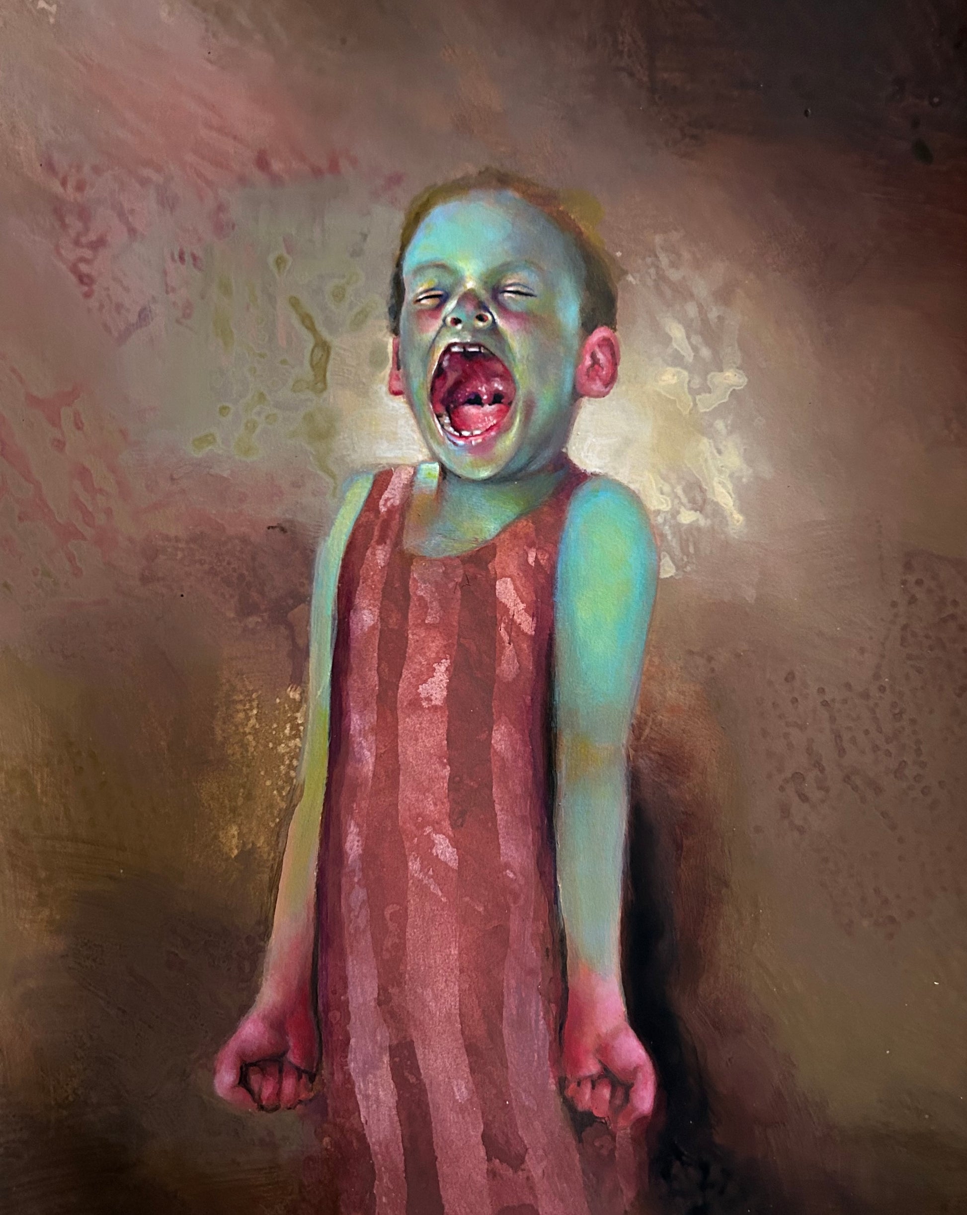 Powerful and raw expressive portrait of a child with an open mouth screaming, rendered in blue and green skin tones against a moody brown background, available at HEADS Art Gallery.