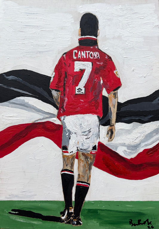 Textured painting of football legend Eric Cantona from behind, wearing the iconic red Number 7 jersey on a white and red background, available at HEADS Art Gallery.