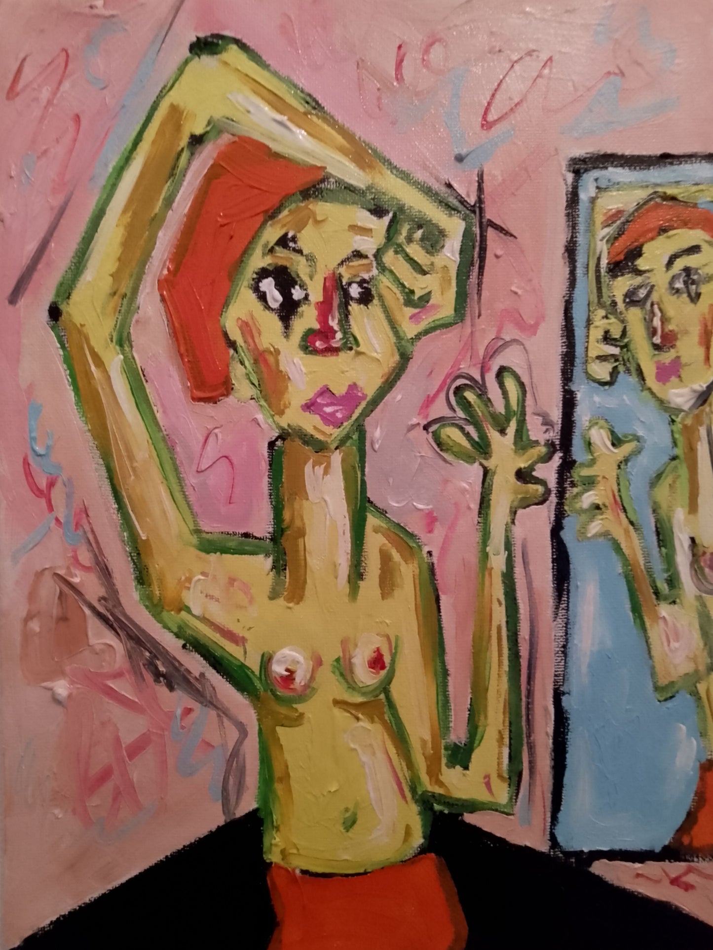 Stylized expressionist painting showing figure looking into a mirror, featuring heavy outlines and a soft pink and blue color palette, available at HEADS Art Gallery.