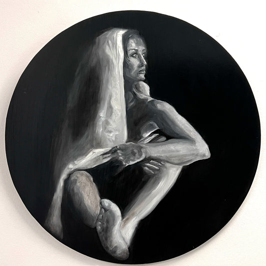 oil painting of a nude female figure draped in fabric, presented on a circular black canvas for a dramatic silhouette effect, available at HEADS Art Gallery.