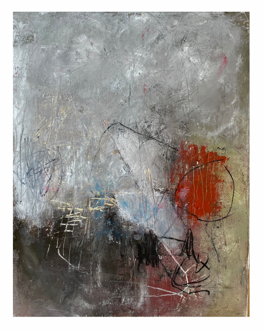 Atmospheric grey and brown abstract painting featuring a single bright red circular focal point and energetic black charcoal-style markings, available at HEADS Art Gallery.