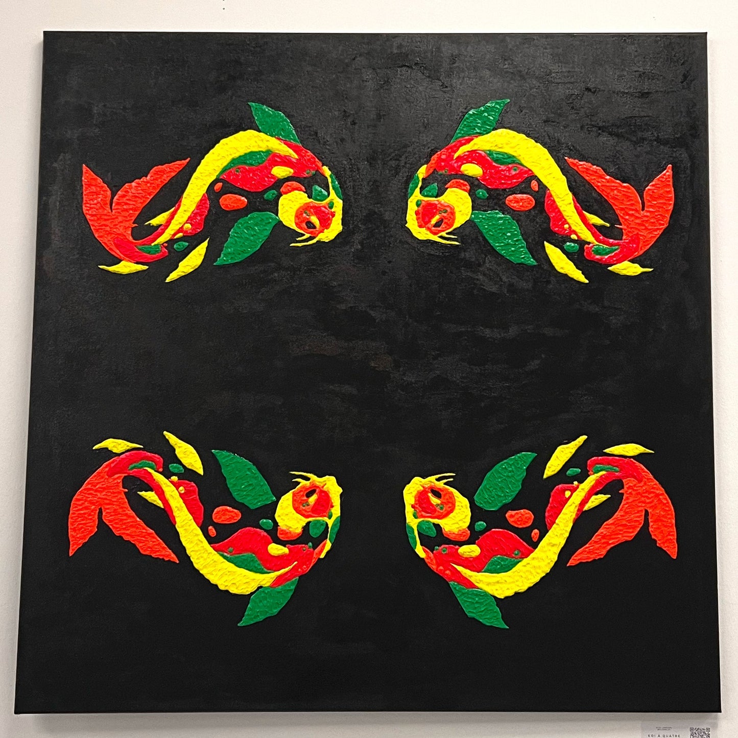 Painting of four stylized koi fish in bright red, yellow, and green arranged symmetrically on a solid black background, available at HEADS Art Gallery.