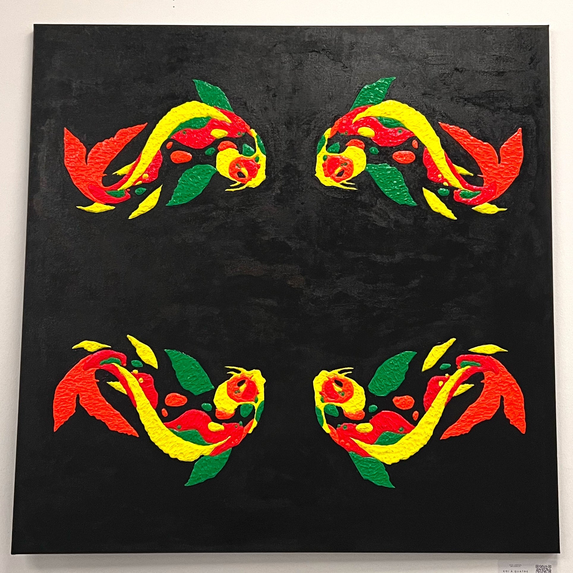 Painting of four stylized koi fish in bright red, yellow, and green arranged symmetrically on a solid black background, available at HEADS Art Gallery.