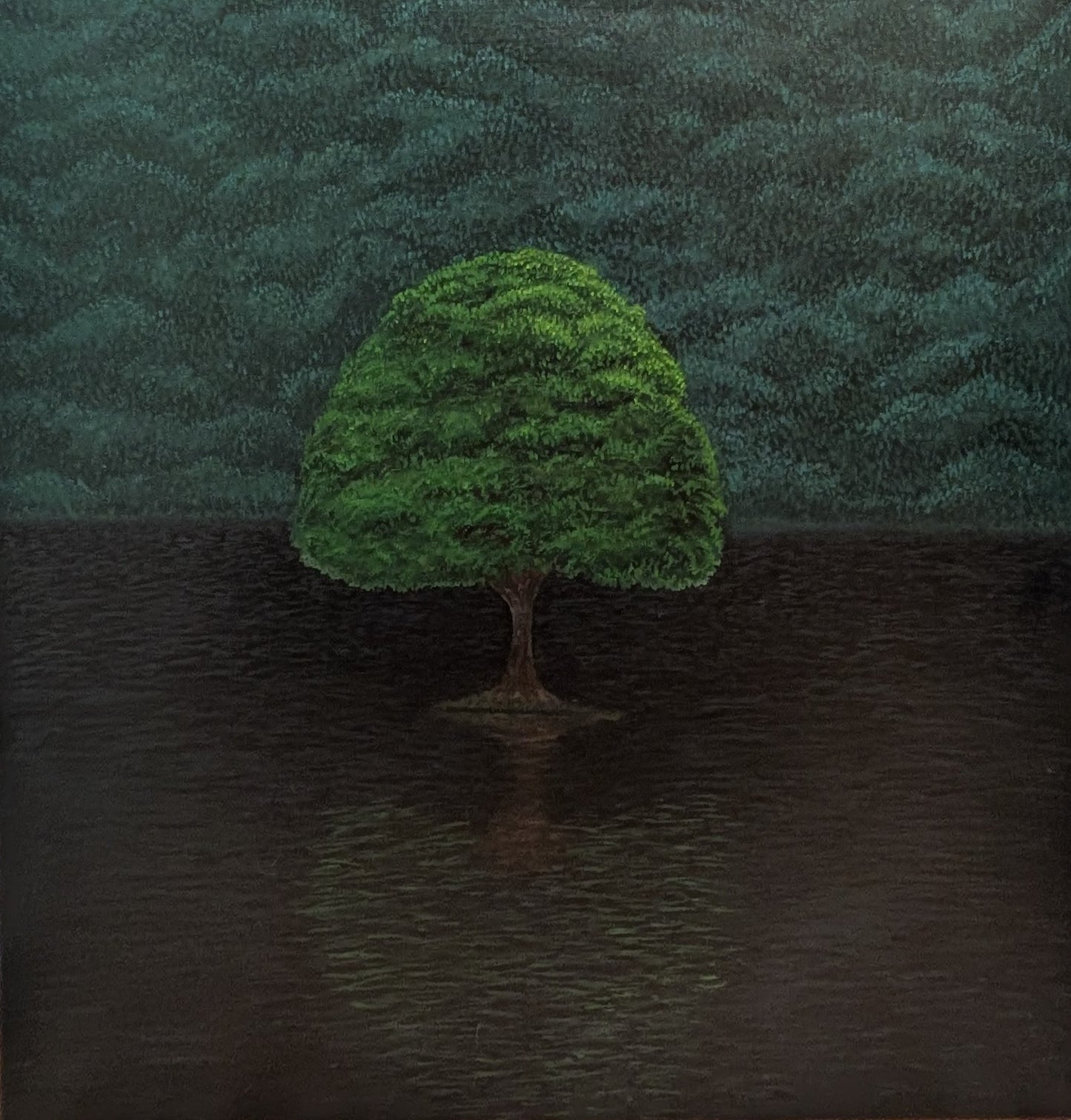 Moody and minimalist painting of a single green tree standing in dark water with a perfect reflection under a textured teal sky, available at HEADS Art Gallery.