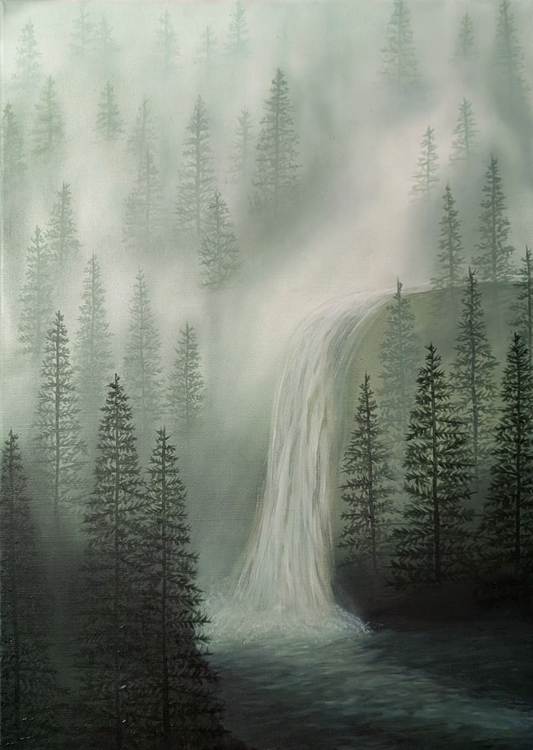 Serene and atmospheric landscape painting featuring a white waterfall cascading through a dense, misty pine forest in muted green tones, available at HEADS Art Gallery.
