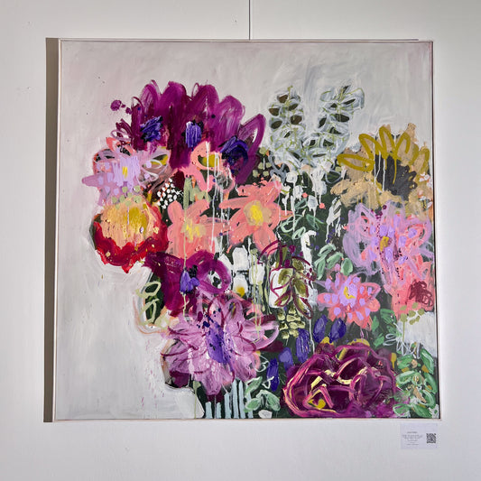 Abstract painting featuring a bouquet of flowers in magenta, pink, and peach with dripping paint effects on a neutral background, available at HEADS Art Gallery.