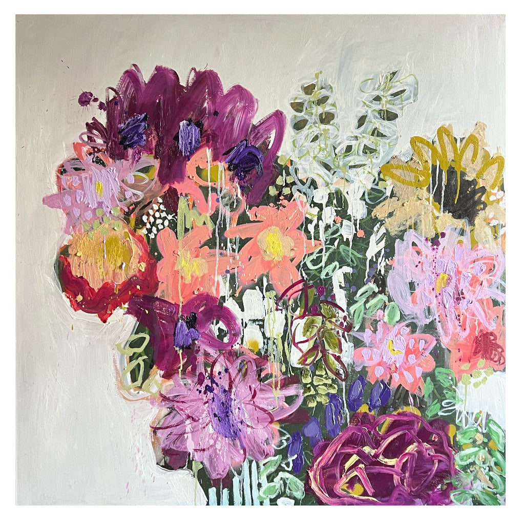 Abstract painting featuring a bouquet of flowers in magenta, pink, and peach with dripping paint effects on a neutral background, available at HEADS Art Gallery.
