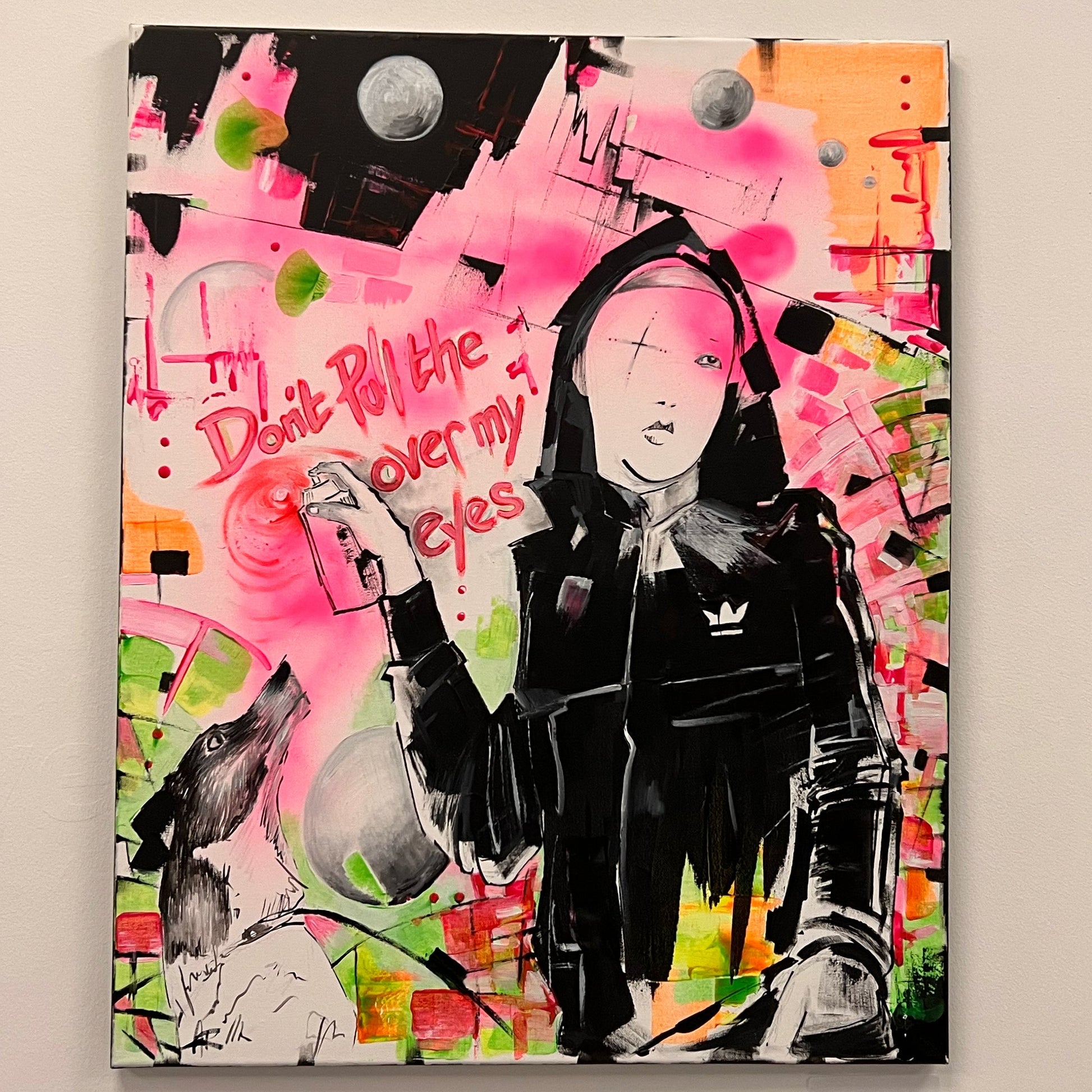 Mixed-media street art piece on a pink background featuring a hooded figure, a dog, and the text "Don't Pull the Wool over my Eyes," available at HEADS Art Gallery.