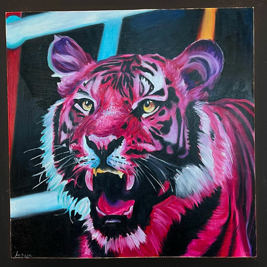 Striking expressionist painting of a roaring tiger's face rendered in vivid neon pink, black, and white brushstrokes, available at HEADS Art Gallery.